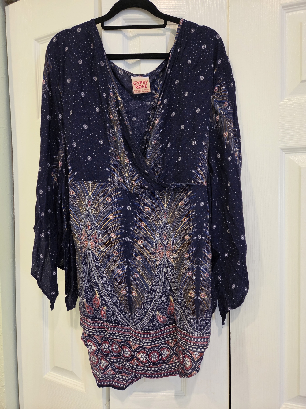 Boho Gypsy Rose Navy Printed Wrap-Front Tunic Top